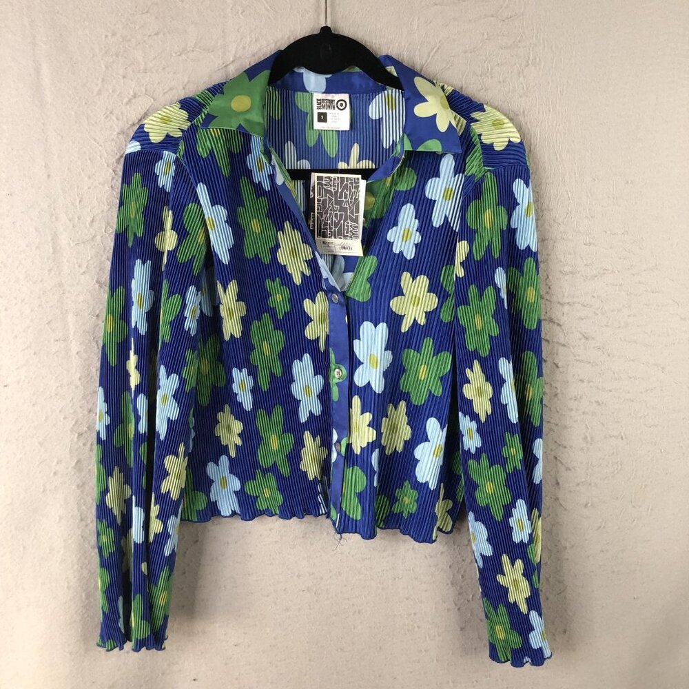 Sammy B x Target Shirt Womens Small Blue Green Floral Pleated Cropped Button Up